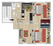Grundriss der Ferienwohnung mit zwei Schlafzimmern und Wohnbereich, Gartenanschluss.
